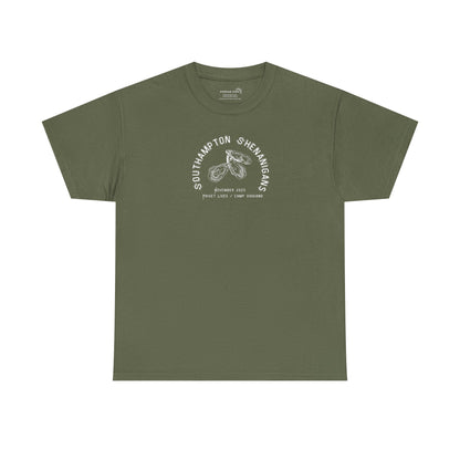 Green t-shirt with Oyster graphic and text "Southampton Shenanigans November 2025 Privet Lives Camp Viggiano"