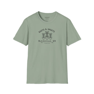 unisex adult T-shirt, Roots & Shoots, Garden shovel root leaf graphic, 515Gear.com | Blairsville, GA | celebrate gardening