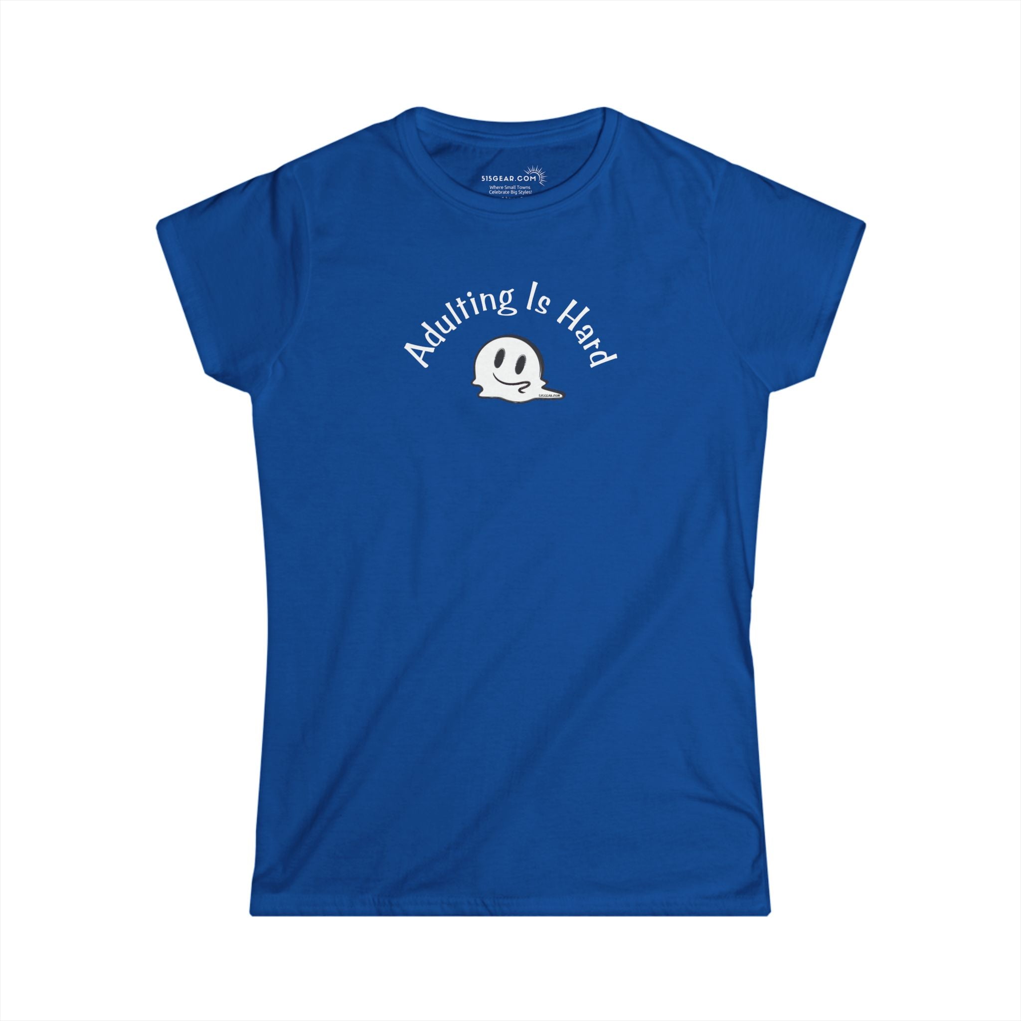 Blue super soft v-neck Women's t-shirt with text Adulting is Hard and graphic of a melting smiley face