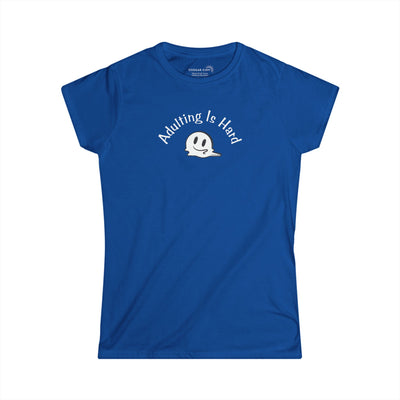 Blue super soft v-neck Women's t-shirt with text Adulting is Hard and graphic of a melting smiley face