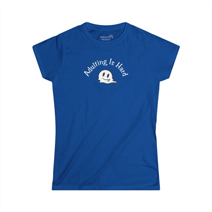Blue super soft v-neck Women's t-shirt with text Adulting is Hard and graphic of a melting smiley face