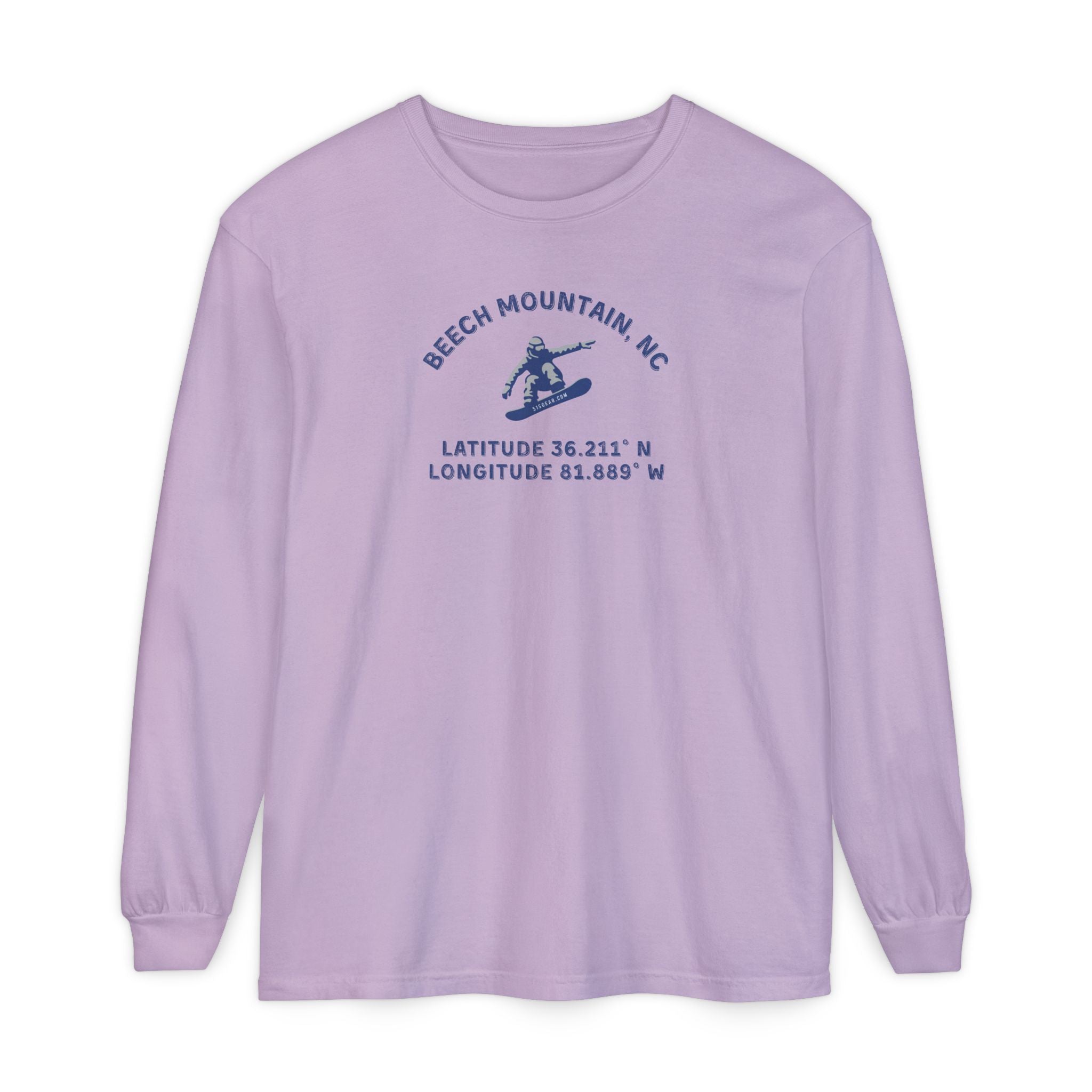 Purple long sleeve tee with Snowboarder mid-air and text 'Beech Mountain, NC Latitude 36.211' N Longitude 81.889' W