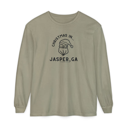 Olive Comfort Colors Long Sleeve Tee with red Santa Claus graphic and "Jasper, GA" text by 515Gear.com