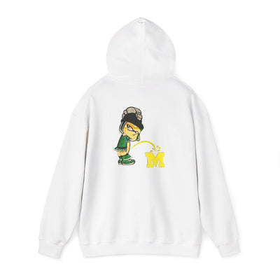 White hoodie with Sparty cartoon character peeing on a block M