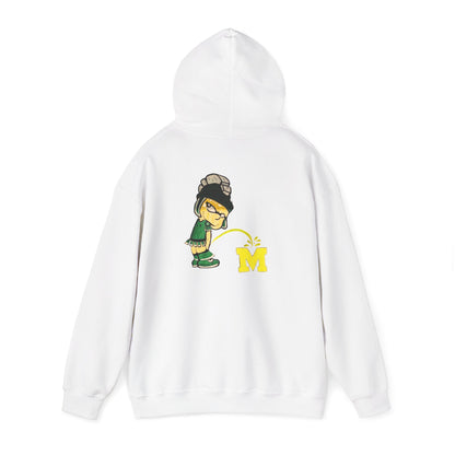 White hoodie with Sparty cartoon character peeing on a block M