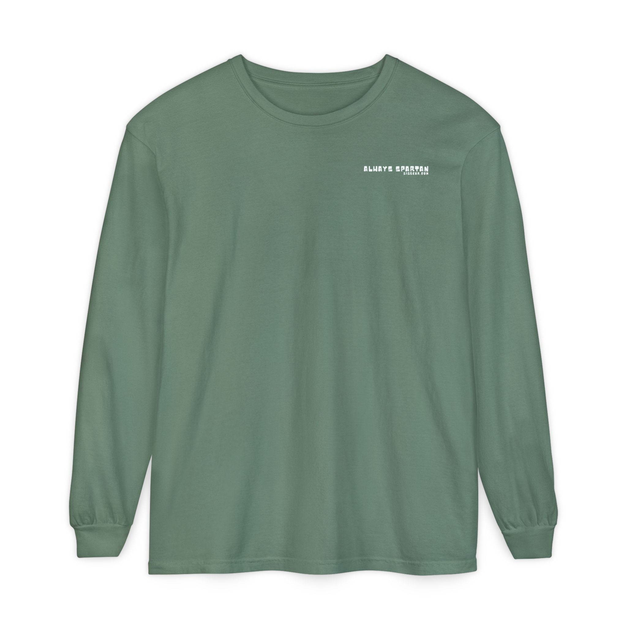 Green long-sleeve shirt with a cartoon Sparty peeing and text Always Spartan