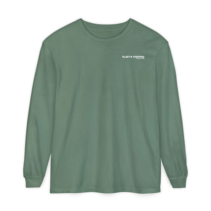 Green long-sleeve shirt with a cartoon Sparty peeing and text Always Spartan