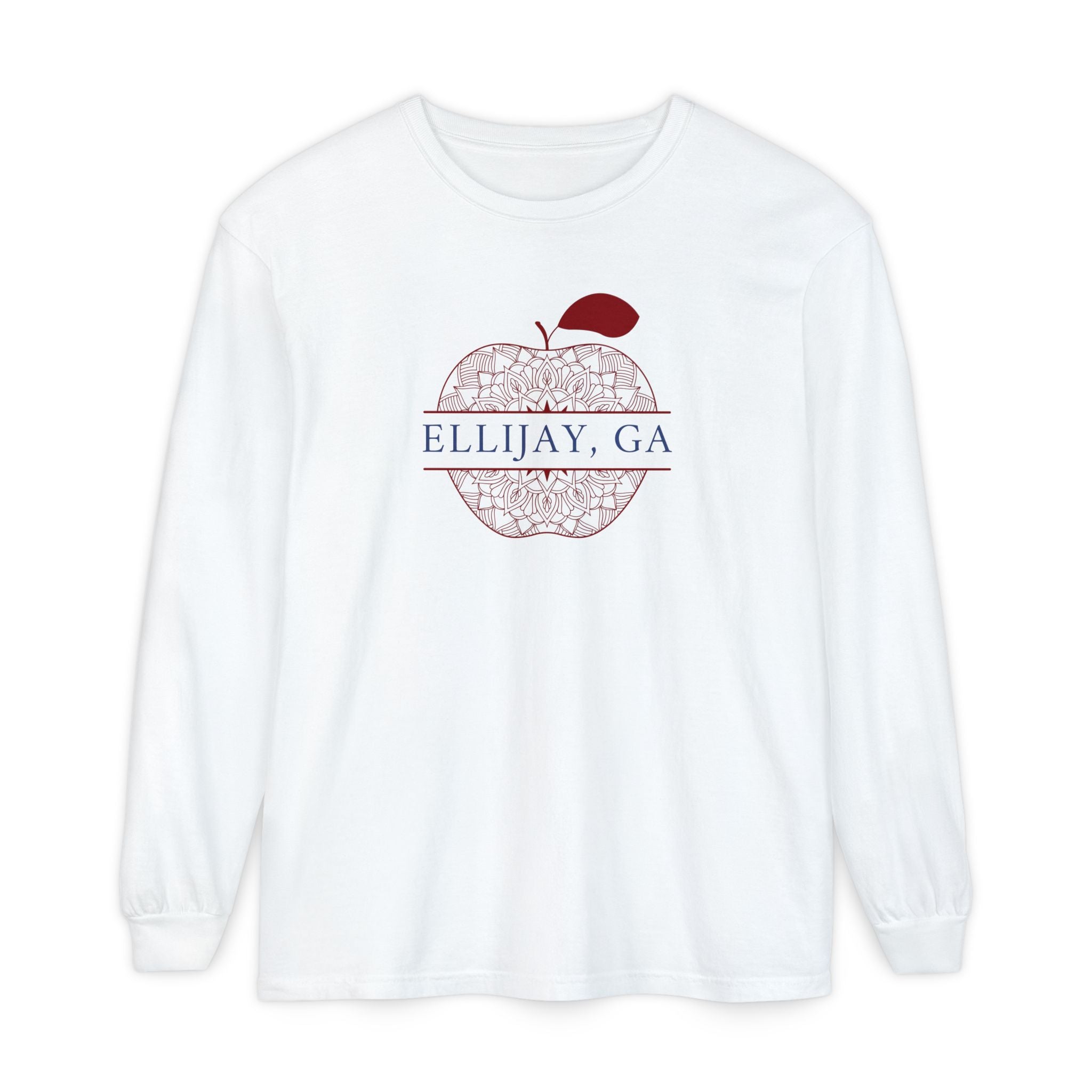 White Comfort Color long sleeve t-shirt with a red apple design and 'Eliijay, GA' text 