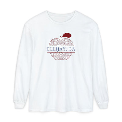 White Comfort Color long sleeve t-shirt with a red apple design and 'Eliijay, GA' text 