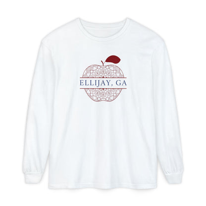 White Comfort Color long sleeve t-shirt with a red apple design and 'Eliijay, GA' text 