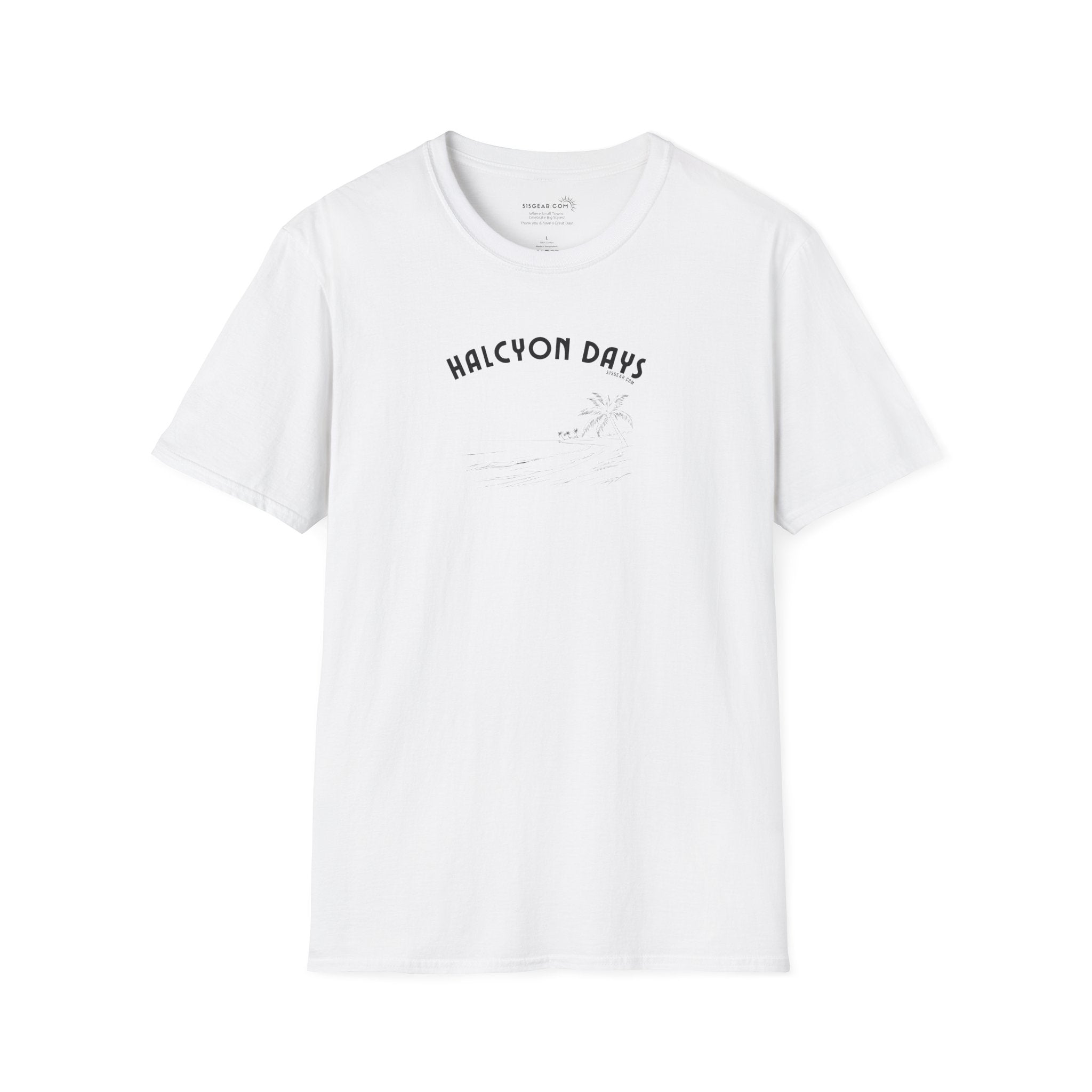 White unisex t-shirt with 'Halcyon Days' text and palm tree beach graphic 