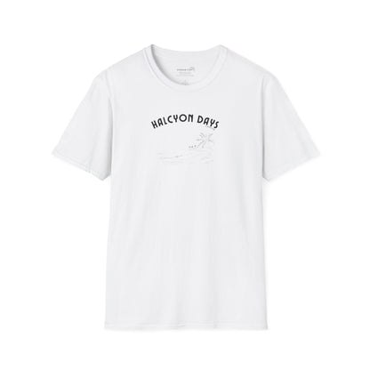 White unisex t-shirt with 'Halcyon Days' text and palm tree beach graphic 
