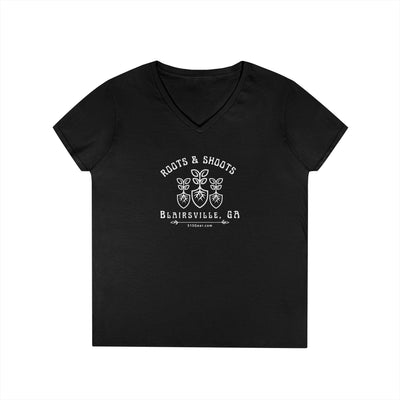 Women’s V-Neck T-shirt, Roots & Shoots, Garden shovel root leaf graphic, 515Gear.com | Blairsville, GA | celebrate gardening