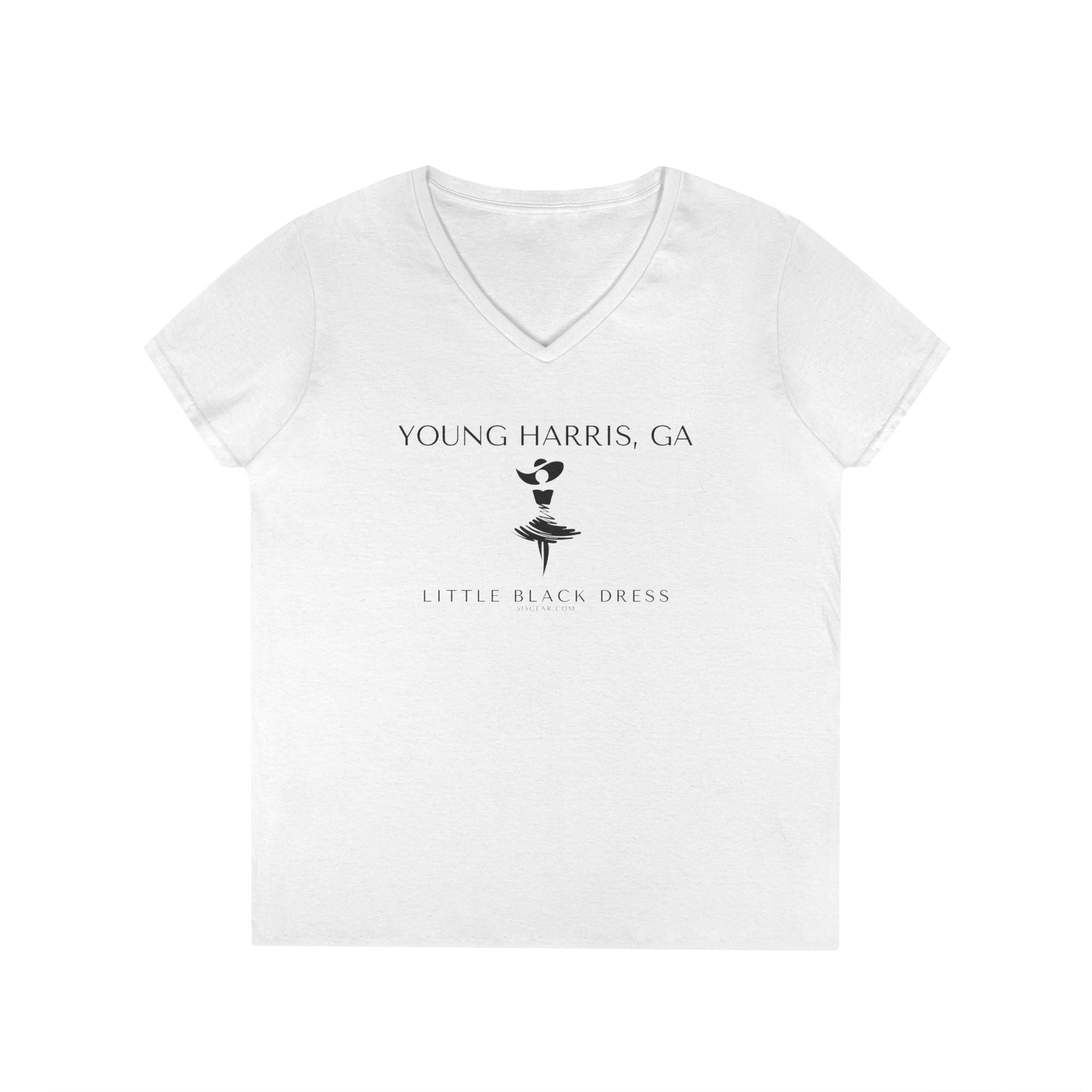 White v-neck t-shirt with stylish woman in dress and fancy southern hat and text "Young Harris, GA. - Little Black Dress" 