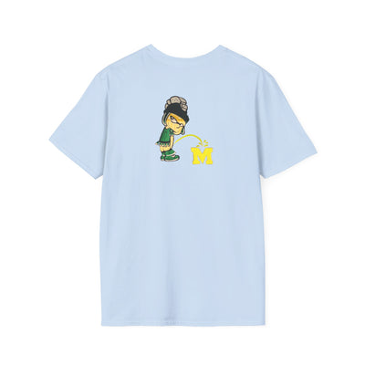 Light blue t-shirt with cartoon Sparty peeing with text Always Spartan