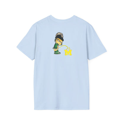 Light blue t-shirt with cartoon Sparty peeing with text Always Spartan