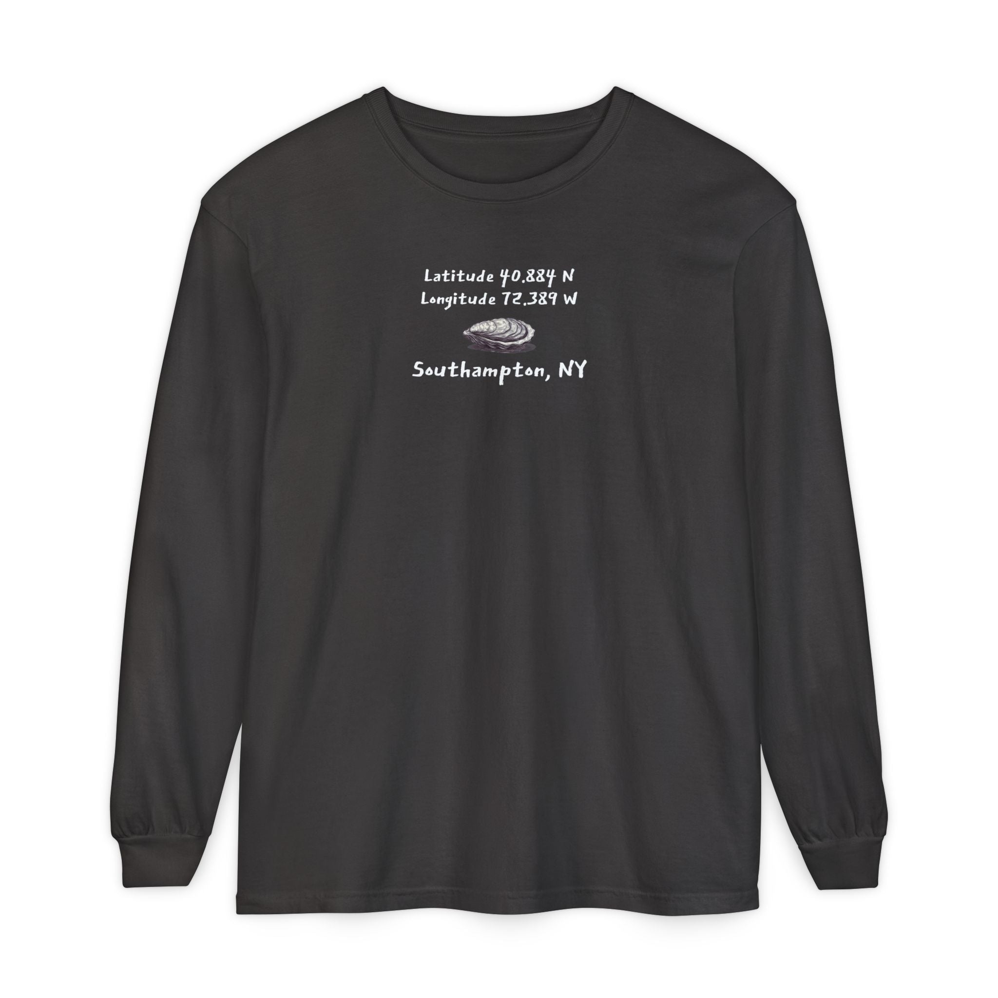 Black long-sleeve shirt with an oyster graphic and the latitude & longitude for Southampton, NY