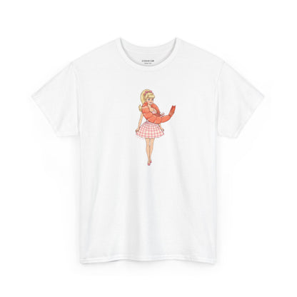 White unisex Gildan 100% cotton tee with Barbie wearing a shrimp graphic as a "Shrimp on the Barbie" pun