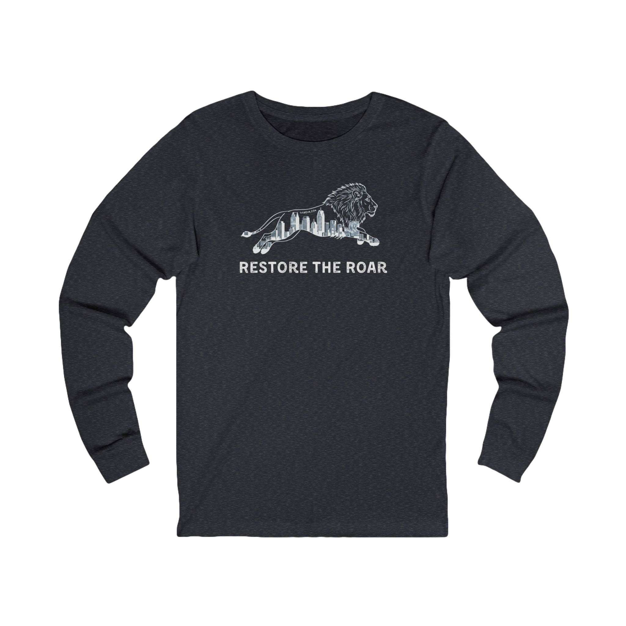 Navy long-sleeve shirt with a lion graphic and 'Restore the Roar' text on a white background