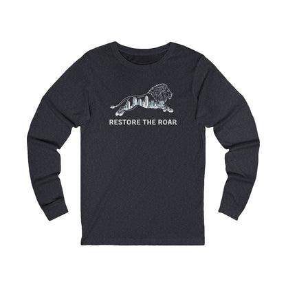 Navy long-sleeve shirt with a lion graphic and 'Restore the Roar' text on a white background