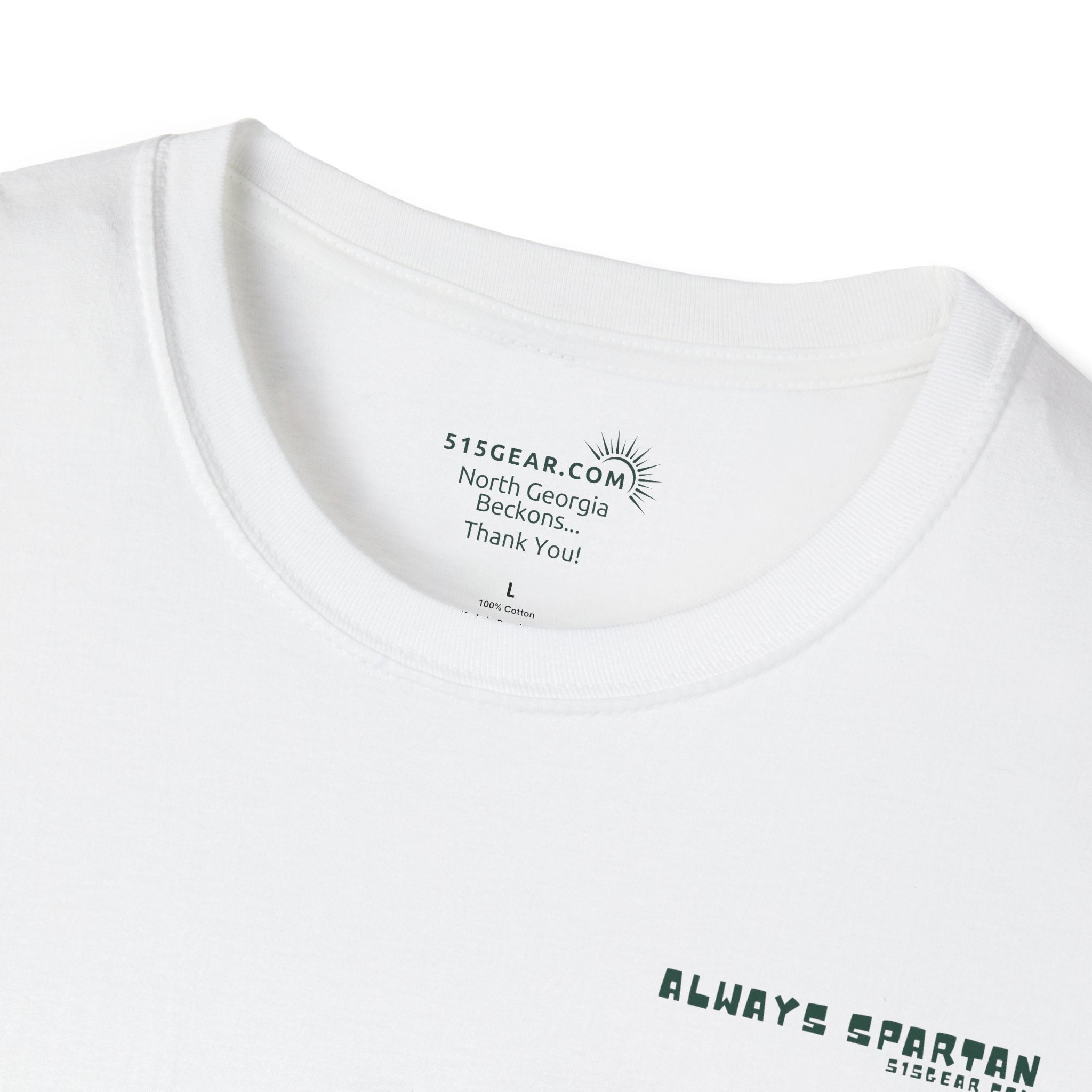 White t-shirt with branding and text on a white background