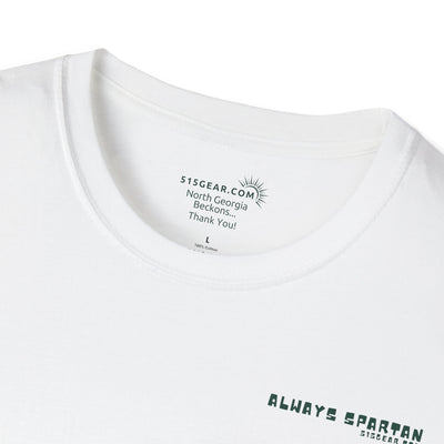 White t-shirt with branding and text on a white background