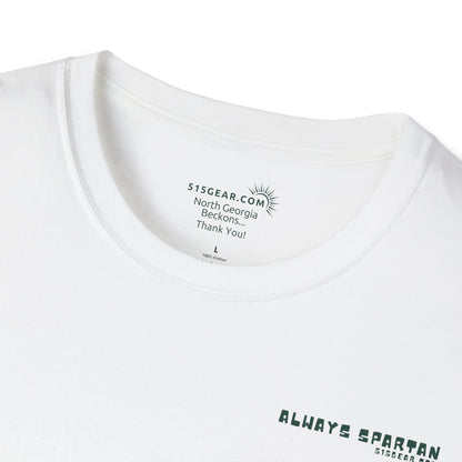 White t-shirt with branding and text on a white background