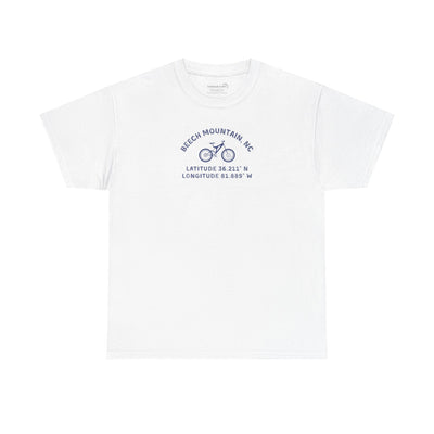 White t-shirt with mountain bike graphic and text "Beech Mountain, NC - Latitude and Longitude" coordinates