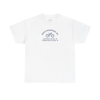 White t-shirt with mountain bike graphic and text "Beech Mountain, NC - Latitude and Longitude" coordinates