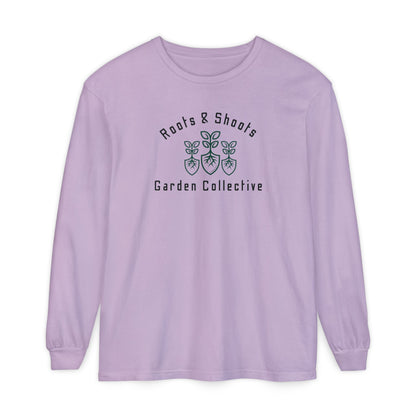 Purple long-sleeve shirt with 'Roots & Shoots Garden Collective' logo on a white background