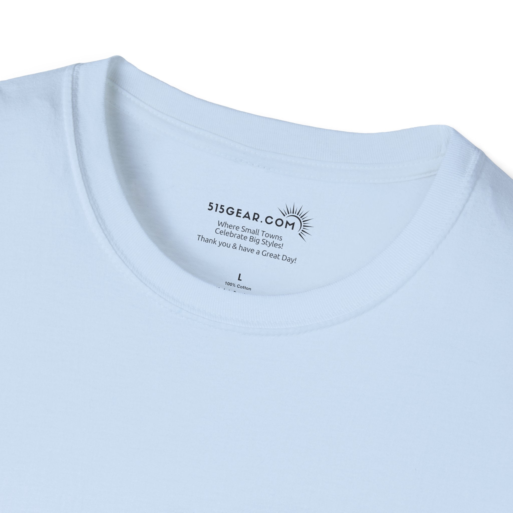 Light blue t-shirt with a brand logo and text on the collar area.