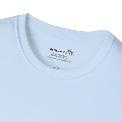 Light blue t-shirt with a brand logo and text on the collar area.
