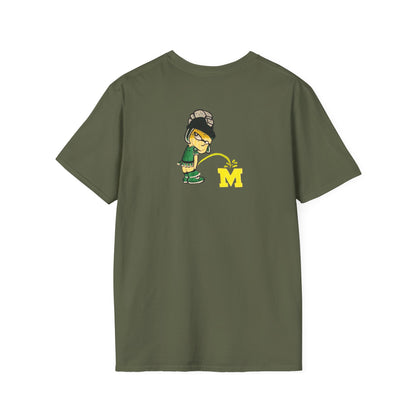 Green t-shirt with cartoon Sparty peeing with text Always Spartan