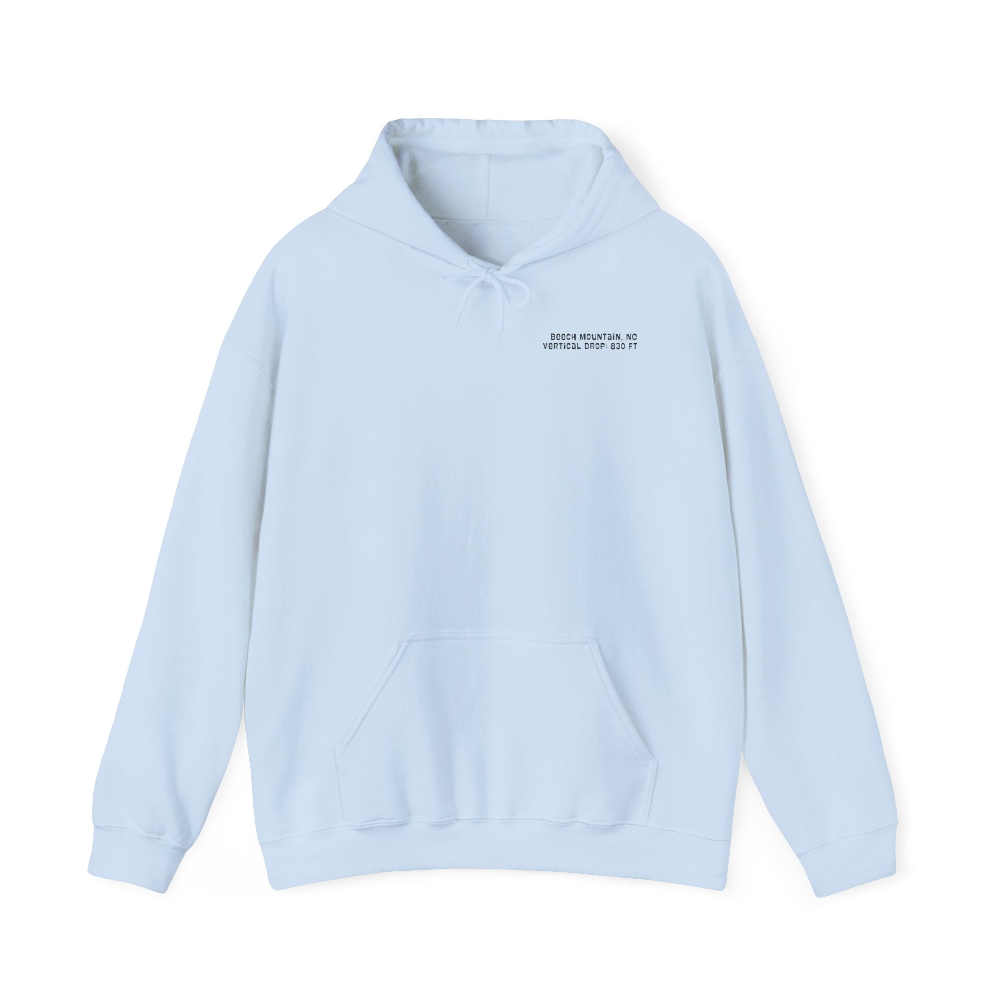 Light blue hoodie with text on the chest "Beech Mountain, NC Vertical Drop 830 Ft"