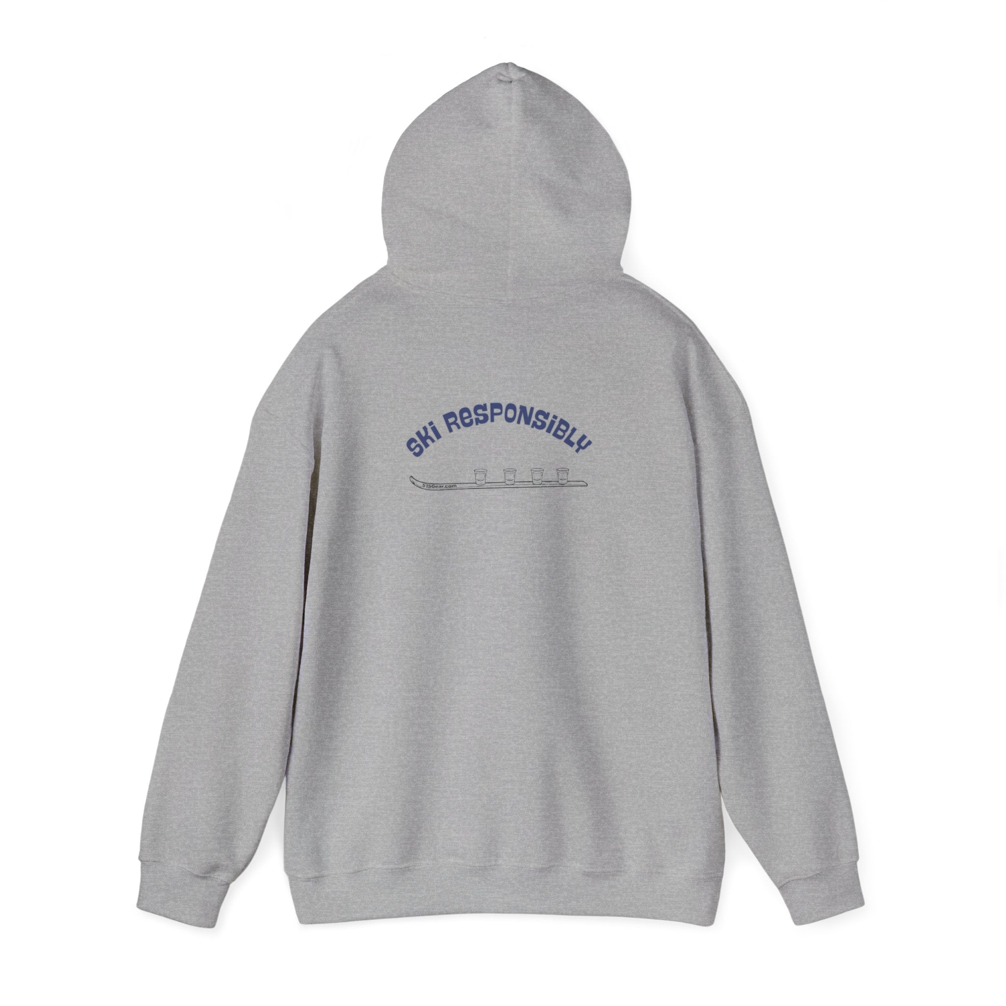 Gray hoodie text on the back "Ski Responsibly" and graphic of a Shotski