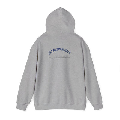 Gray hoodie text on the back "Ski Responsibly" and graphic of a Shotski