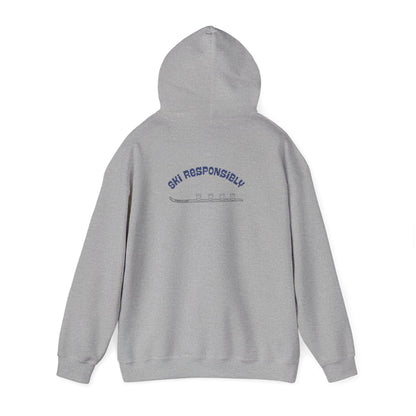 Gray hoodie text on the back "Ski Responsibly" and graphic of a Shotski
