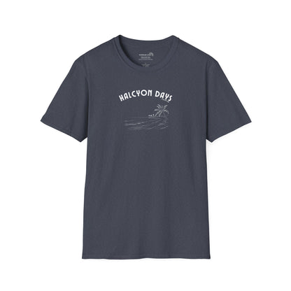 Gray unisex t-shirt with 'Halcyon Days' text and palm tree beach graphic 
