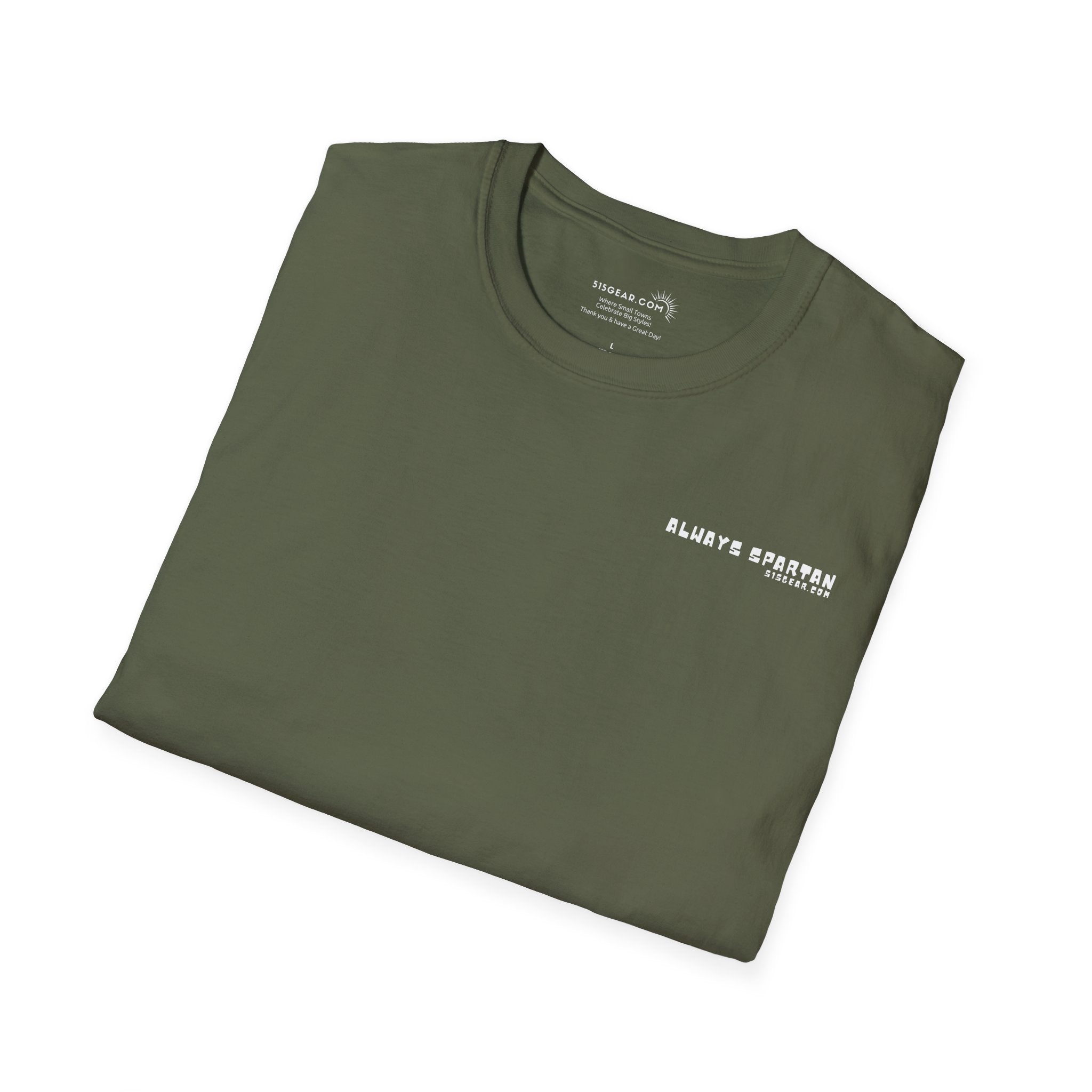 Folded green t-shirt with a logo on a white background