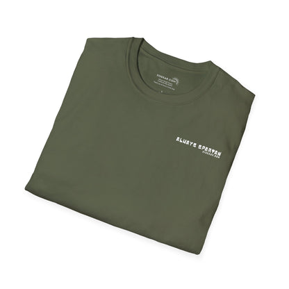 Folded green t-shirt with a logo on a white background