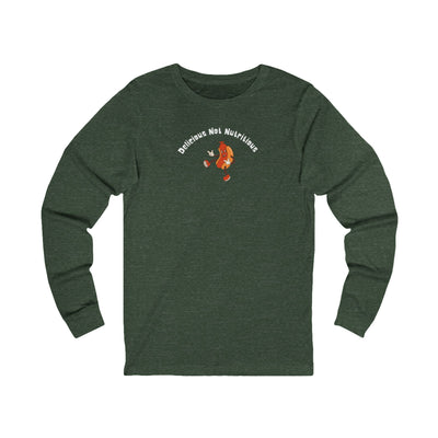 Green long-sleeve shirt with a hotdog graphic and text "Delicious Not Nutritious"