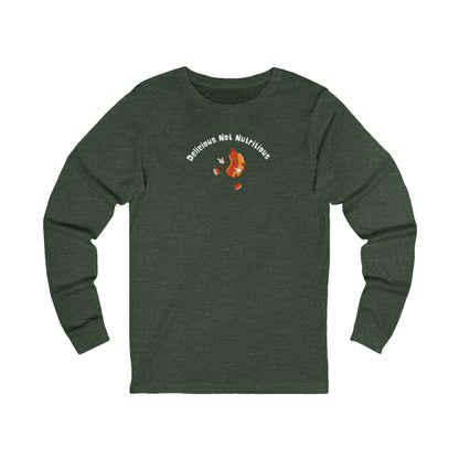 Green long-sleeve shirt with a hotdog graphic and text "Delicious Not Nutritious"