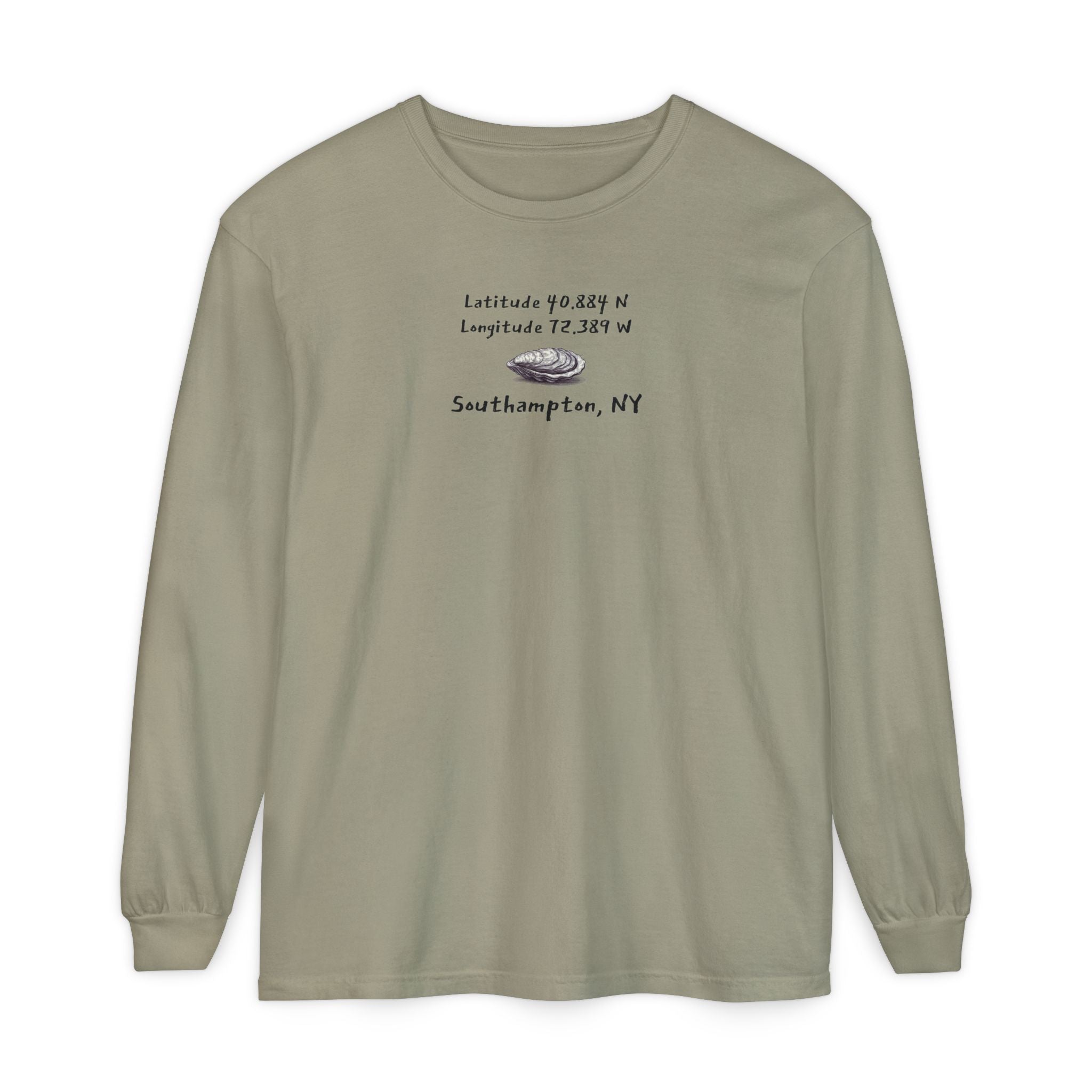 Sandy brown long-sleeve shirt with an oyster graphic and the latitude & longitude for Southampton, NY