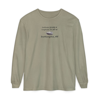 Sandy brown long-sleeve shirt with an oyster graphic and the latitude & longitude for Southampton, NY