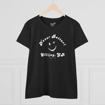 Black t-shirt with white text and smiley face on a hanger against a white background
