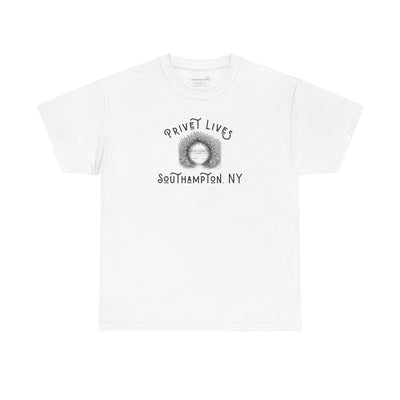 White t-shirt with privet beach pathway illustration and text "Privet Lives - Southampton, NY"