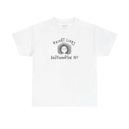 White t-shirt with privet beach pathway illustration and text "Privet Lives - Southampton, NY"