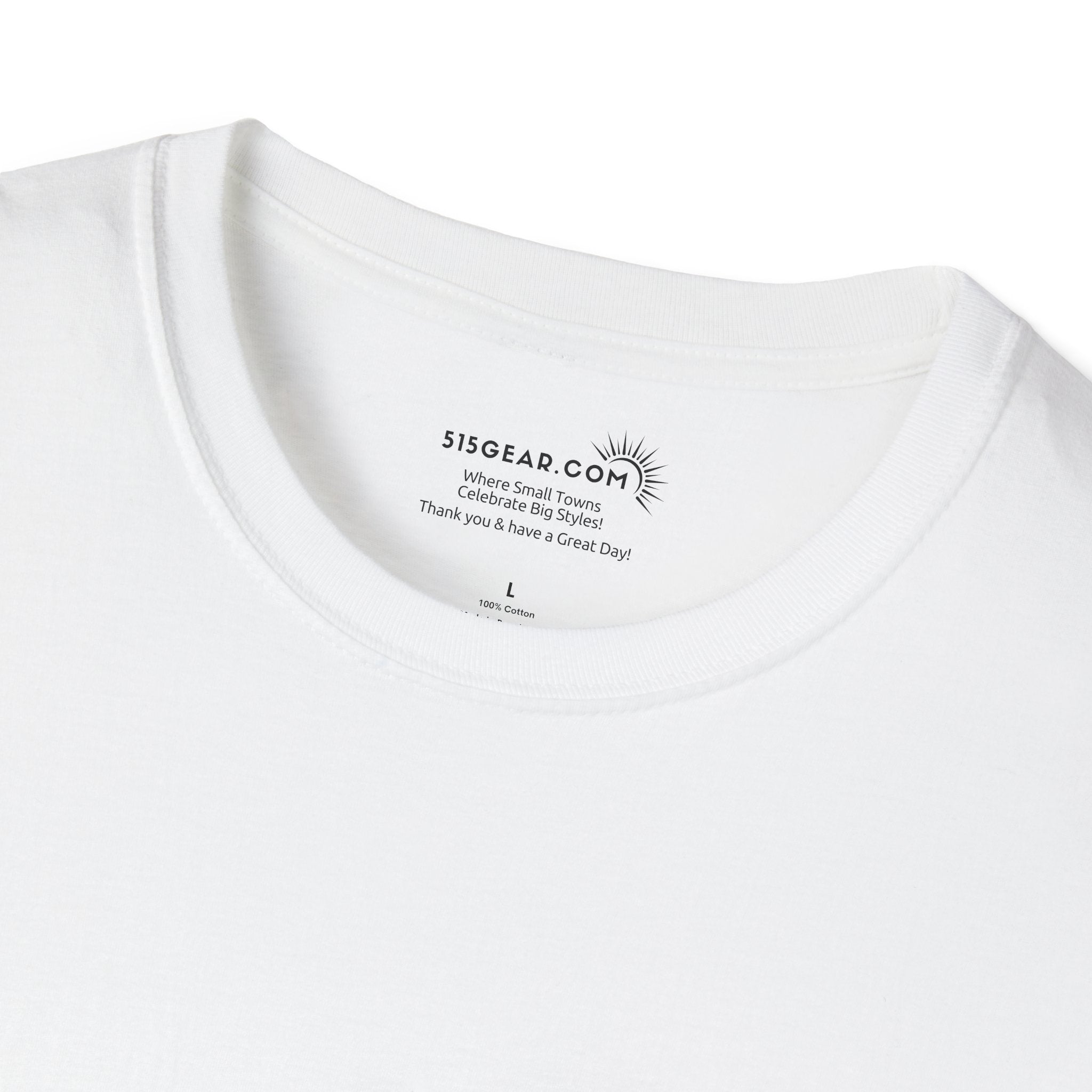 Close-up of a white t-shirt with a brand logo and text on the collar.