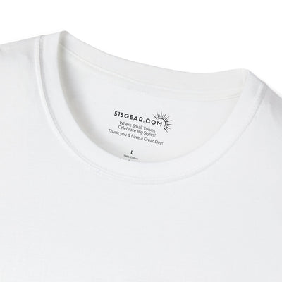 Close-up of a white t-shirt with a brand logo and text on the collar.