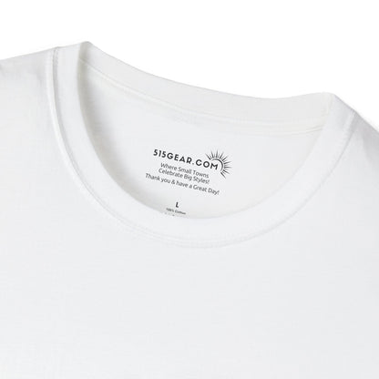 Close-up of a white t-shirt with a brand logo and text on the collar.